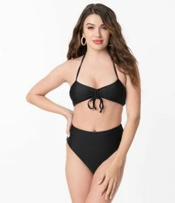 Hangzhou Fuyang Yifeng CO.,LTD Swimwear Pin-Up Style Black Halter Two Piece Bikini Swimsuit