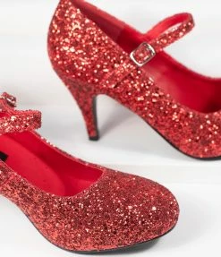 Pleaser Red Glitter Mary Jane Glinda Heels Shoes