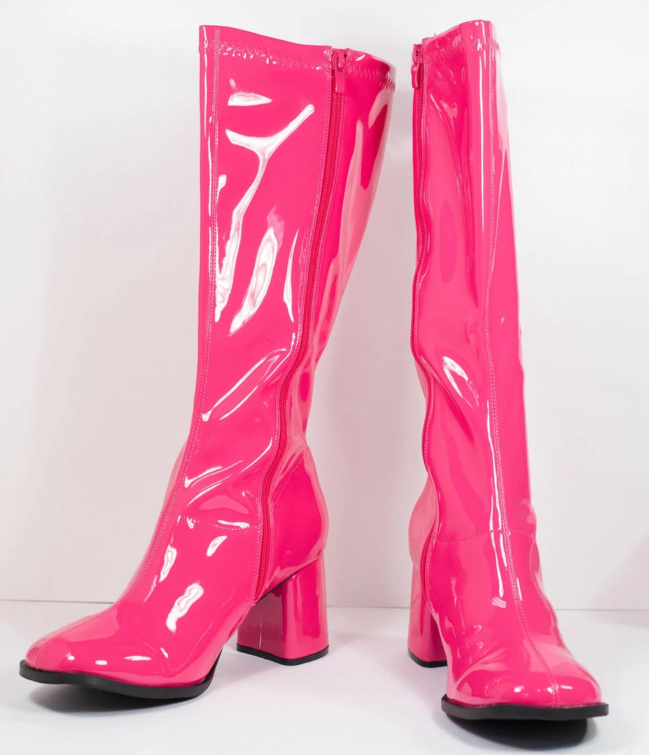 Pleaser Hot Pink Patent Leatherette Knee High Go Go Boots