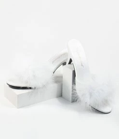 Pleaser Shoes White Marabou Feather Peep Toe Slipper Heel