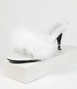 Pleaser Shoes White Marabou Feather Peep Toe Slipper Heel