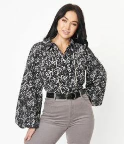 Unique Vintage Black & White Ditzy Floral Francesca Blouse