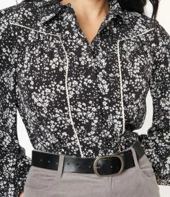 Unique Vintage Black & White Ditzy Floral Francesca Blouse