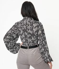 Unique Vintage Black & White Ditzy Floral Francesca Blouse