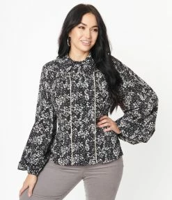 Unique Vintage Black & White Ditzy Floral Francesca Blouse