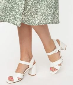 December Shoes White Crocodile Embossed Leatherette Heel Sandals