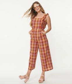 Factory X (Princess Highway) Lilac & Orange Prairie Check Jumpsuit