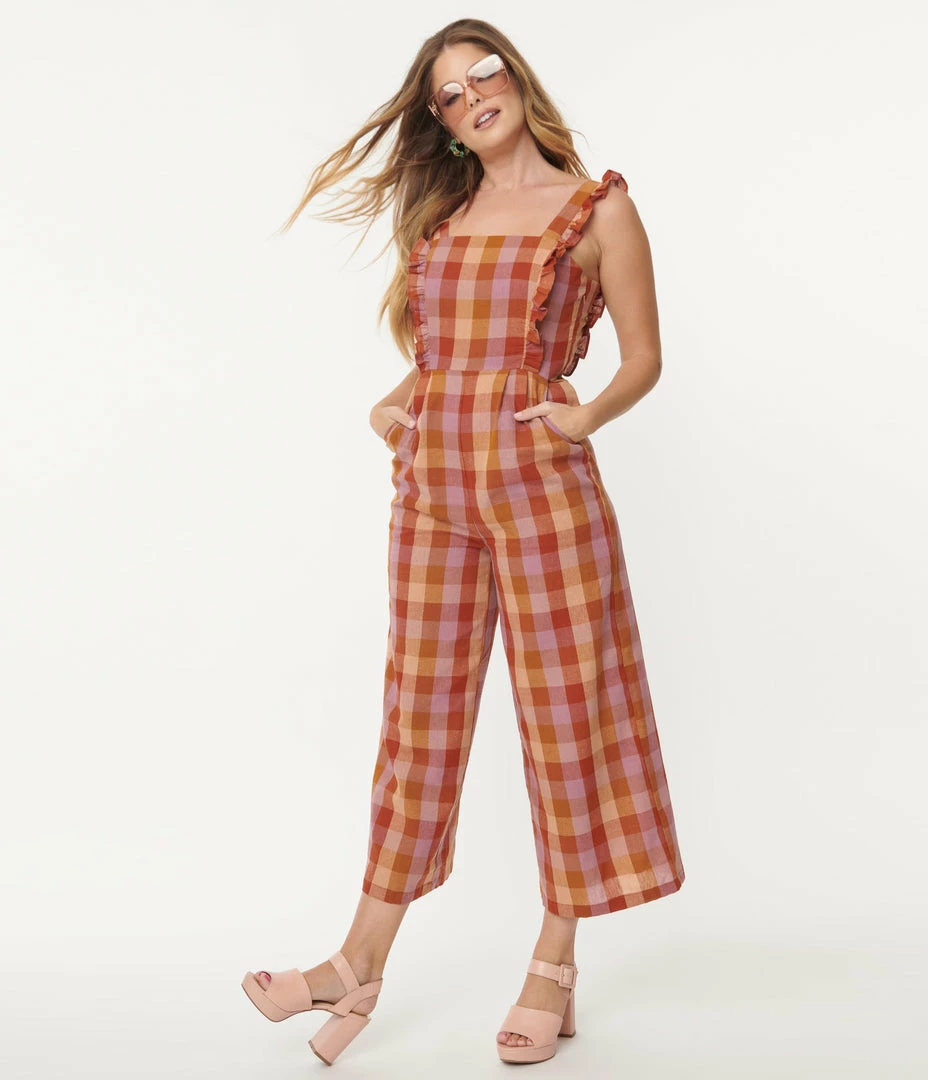 Factory X (Princess Highway) Lilac & Orange Prairie Check Jumpsuit