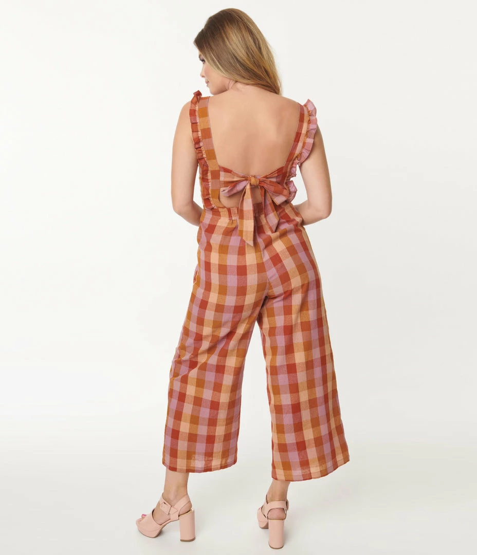 Factory X (Princess Highway) Lilac & Orange Prairie Check Jumpsuit