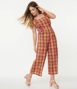 Factory X (Princess Highway) Lilac & Orange Prairie Check Jumpsuit