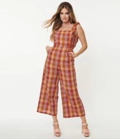 Factory X (Princess Highway) Lilac & Orange Prairie Check Jumpsuit