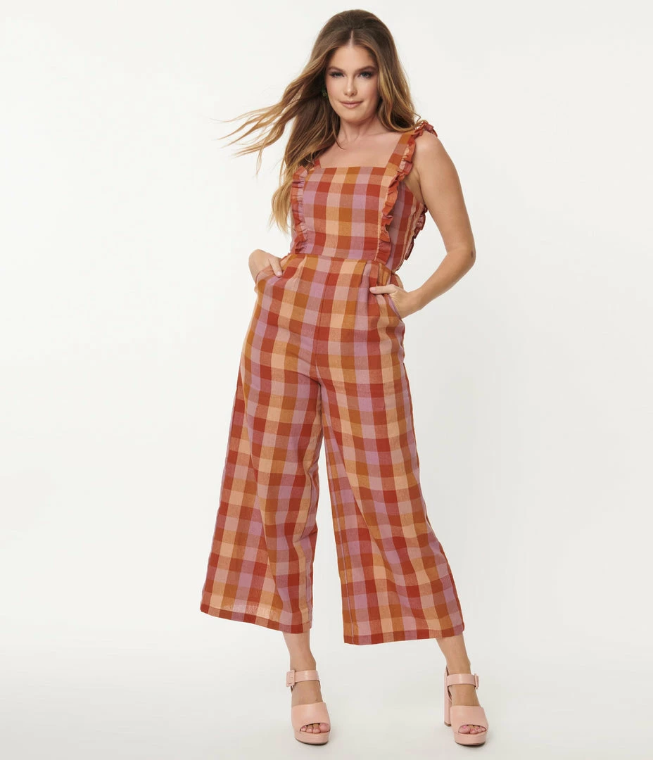 Factory X (Princess Highway) Lilac & Orange Prairie Check Jumpsuit