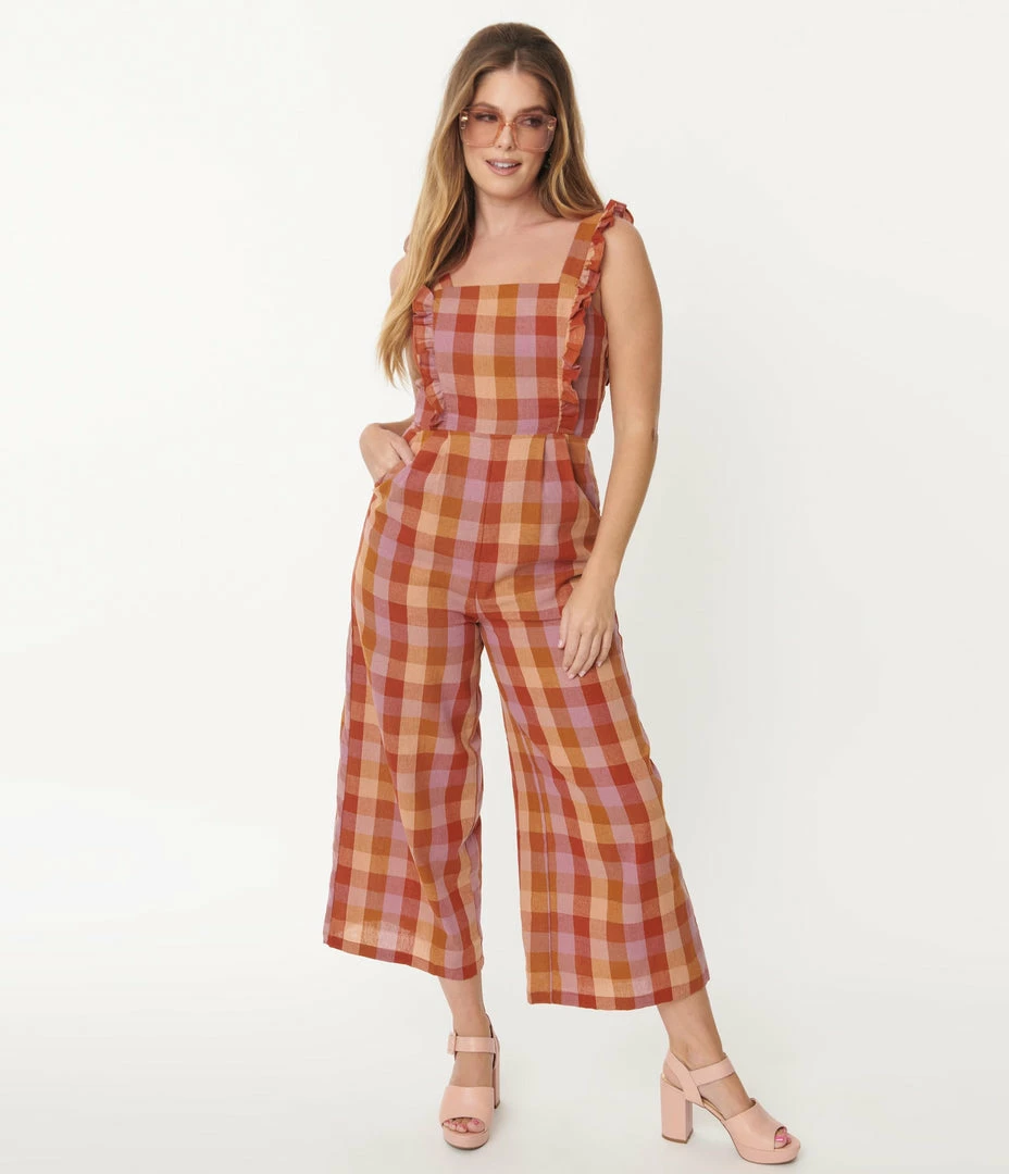 Factory X (Princess Highway) Lilac & Orange Prairie Check Jumpsuit