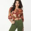 Factory X (Princess Highway) Chocolate & Retro Floral Print Tie Crop Top Sale