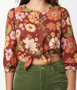 Factory X (Princess Highway) Chocolate & Retro Floral Print Tie Crop Top Sale