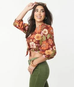 Factory X (Princess Highway) Chocolate & Retro Floral Print Tie Crop Top Sale