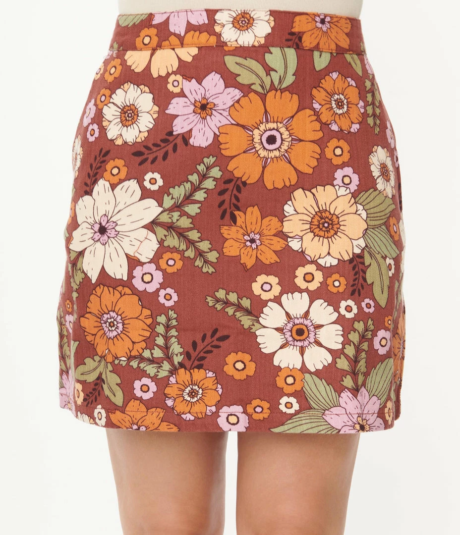 Factory X (Princess Highway) Sale Chocolate & Retro Floral Print Brandy Mini Skirt