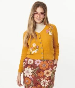 Factory X (Princess Highway) Mustard & Floral Cat Embroidered Cardigan