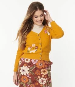 Factory X (Princess Highway) Mustard & Floral Cat Embroidered Cardigan