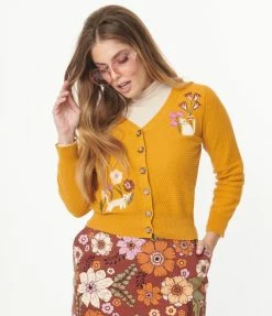 Factory X (Princess Highway) Mustard & Floral Cat Embroidered Cardigan