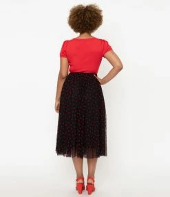Unique Vintage Black Tulle & Red Swiss Dot Hearts Hilty Skirt Sale