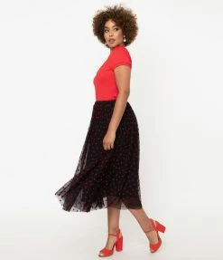 Unique Vintage Black Tulle & Red Swiss Dot Hearts Hilty Skirt Sale