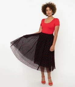 Unique Vintage Black Tulle & Red Swiss Dot Hearts Hilty Skirt Sale