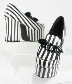 YRU (Strange Cvlt) Heels & Wedges Black & White Stripe Vegan Leather Banshee Platform Heels