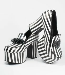 YRU (Strange Cvlt) Heels & Wedges Black & White Stripe Vegan Leather Banshee Platform Heels