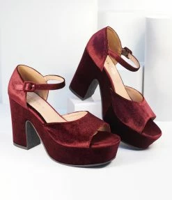 Demfon International (Chelsea Crew) Chelsea Crew Burgundy Velvet Peep Toe Platform Heels