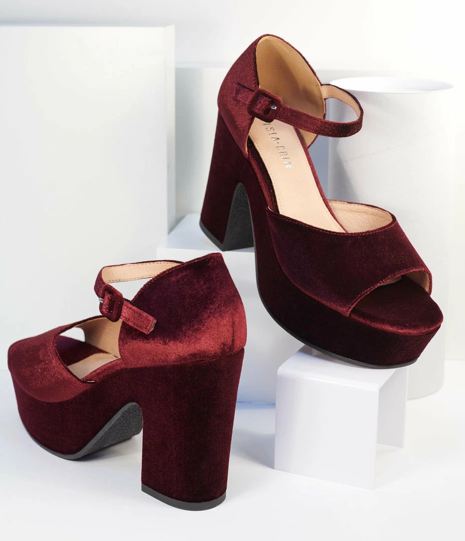 Demfon International (Chelsea Crew) Chelsea Crew Burgundy Velvet Peep Toe Platform Heels