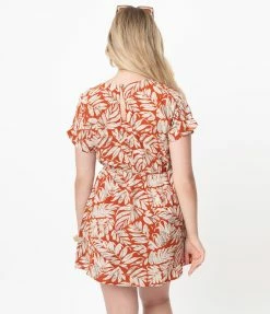 VERY J Rust & Ivory Leaf Printed Mini Dress Sale