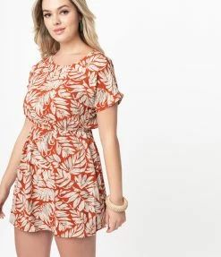 VERY J Rust & Ivory Leaf Printed Mini Dress Sale