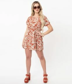 VERY J Rust & Ivory Leaf Printed Mini Dress Sale