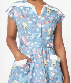 Unique Vintage Blue & Multi Cat Print Hedda Swing Dress Sale
