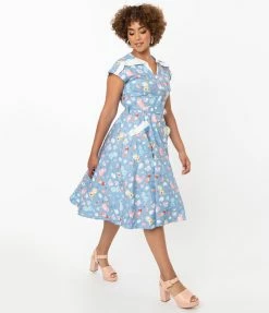 Unique Vintage Blue & Multi Cat Print Hedda Swing Dress Sale