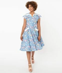 Unique Vintage Blue & Multi Cat Print Hedda Swing Dress Sale