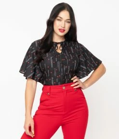 Sale Unique Vintage Black & Red Heart Cecilia Blouse