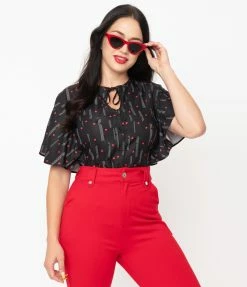 Sale Unique Vintage Black & Red Heart Cecilia Blouse