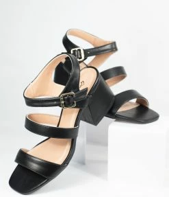 East Lion (Qupid) Black Leatherette Strap Katen Heel Sandals Heels & Wedges