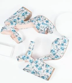 East Lion (Qupid) Vintage Blush & Blue Floral Peep Toe Platform Heels Shoes