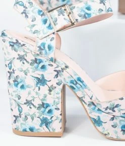 East Lion (Qupid) Vintage Blush & Blue Floral Peep Toe Platform Heels Shoes