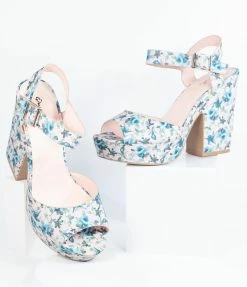 East Lion (Qupid) Vintage Blush & Blue Floral Peep Toe Platform Heels Shoes