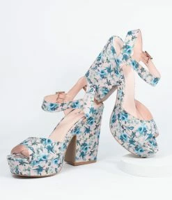 East Lion (Qupid) Vintage Blush & Blue Floral Peep Toe Platform Heels Shoes
