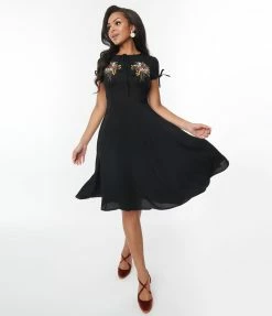 SHEEN Clothing Ltd Black & Embroidered Bronze Floral Pandora Swing Dress