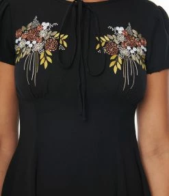 SHEEN Clothing Ltd Black & Embroidered Bronze Floral Pandora Swing Dress