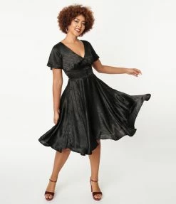 SHEEN Clothing Ltd Black Leaf Print Satin Kaylee Swing Dress