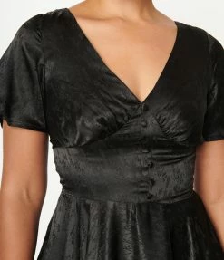 SHEEN Clothing Ltd Black Leaf Print Satin Kaylee Swing Dress