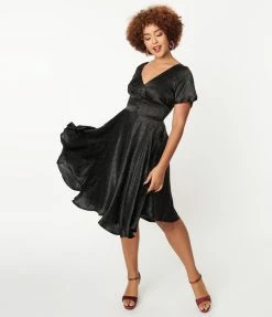 SHEEN Clothing Ltd Black Leaf Print Satin Kaylee Swing Dress