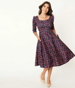 SHEEN Clothing Ltd Navy & Red Rose Print Isabella Swing Dress Sale